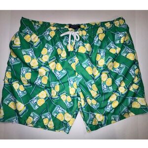 Crown Ivy Men's Swim Trunks Green Lemonade Drink Print Elastic W/ Drawstring XL